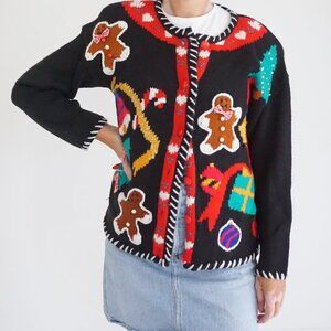 VTG Spice of Life Black Holiday Gingerbread Cardigan Cotton Festive Grandma S/P